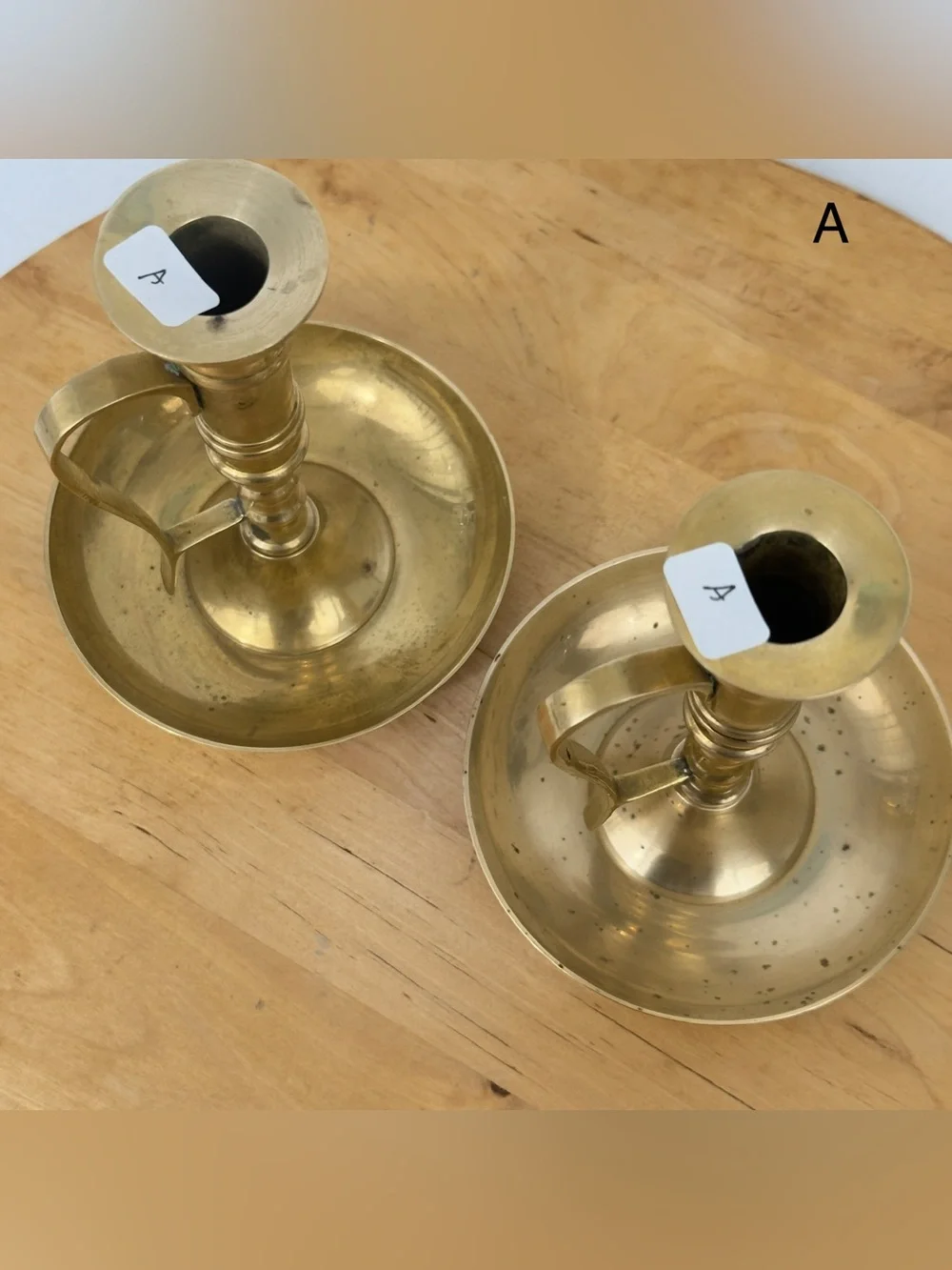 Mid 20th Century Pair of Brass Chamberstick Candle Holders w Handle & Drip Tray